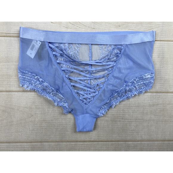 Torrid Bra Panty Set 00 L Blue Retro Ribbon Cutout Serenity Underwire Strap NWT - Picture 11 of 14